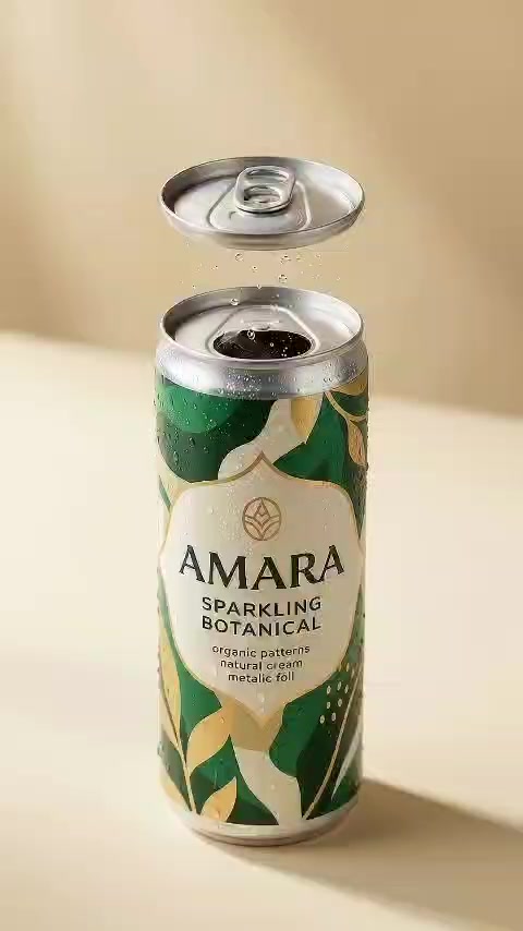 Lata AMARA con su tapa suspendida, muestra de producto en movimiento.