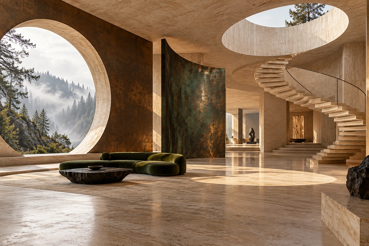 Un interior arquitectónico de piedra, luz y materiales naturales.